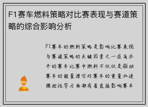 F1赛车燃料策略对比赛表现与赛道策略的综合影响分析