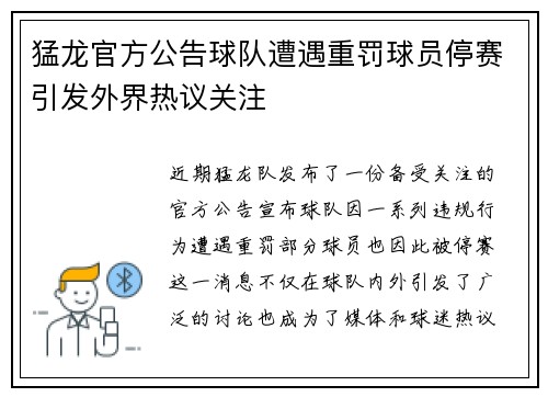 猛龙官方公告球队遭遇重罚球员停赛引发外界热议关注